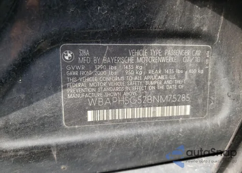 2011 BMW 328 I Sulev z USA, uszkodzony, nr VIN WBAPH5G52BNM75285